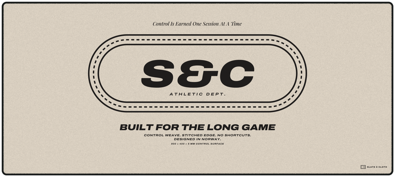 A beige graphic print featuring the text 'S&C ATHLETIC DEPT.' inside a dashed oval border, with smaller text above and below reading 'Control is Earned One Session at a Time' and 'Built for the long game.